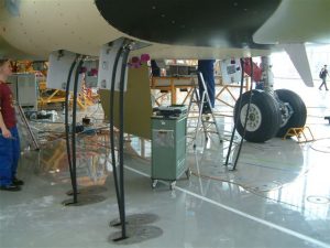 Connection of hangar hydraulics to aircraft part of an aircraft assembly line